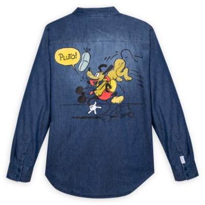 Mickey Mouse and Pluto Woven Chambray Shirt for Adults